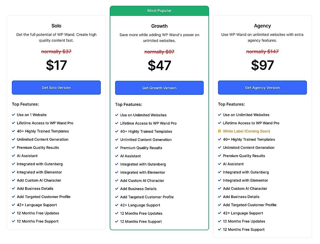 Pricing screenshot