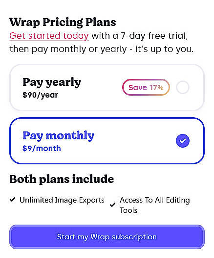 Pricing screenshot