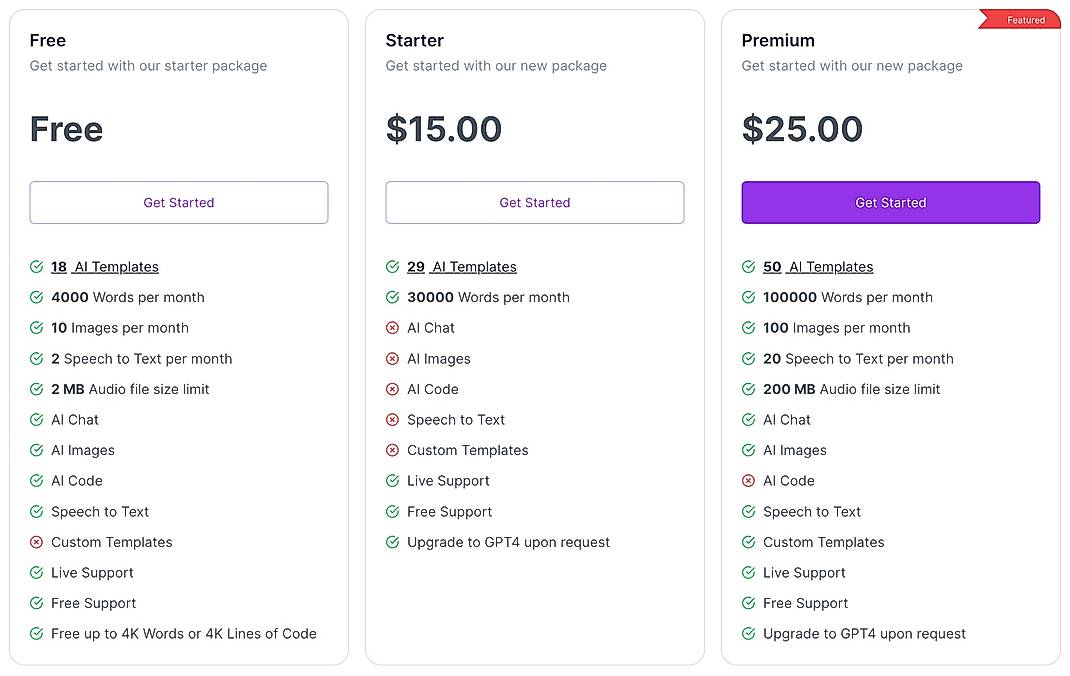 Pricing screenshot