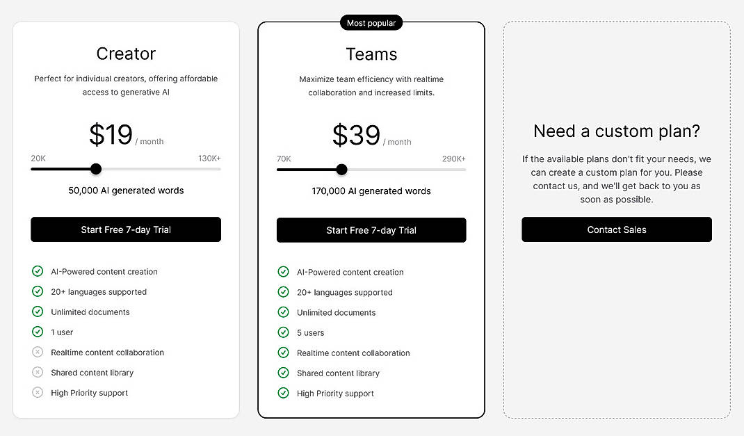 Pricing screenshot