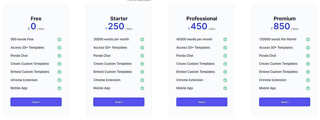 Pricing screenshot