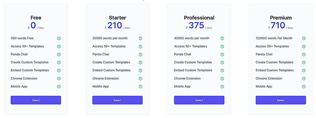 Pricing screenshot