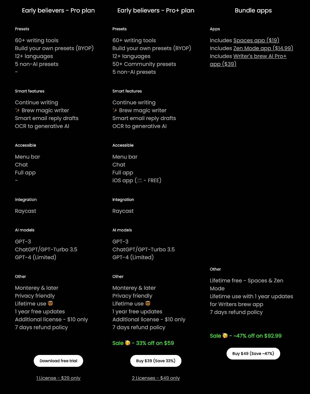 Pricing screenshot
