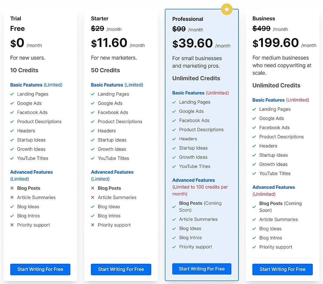 Pricing screenshot