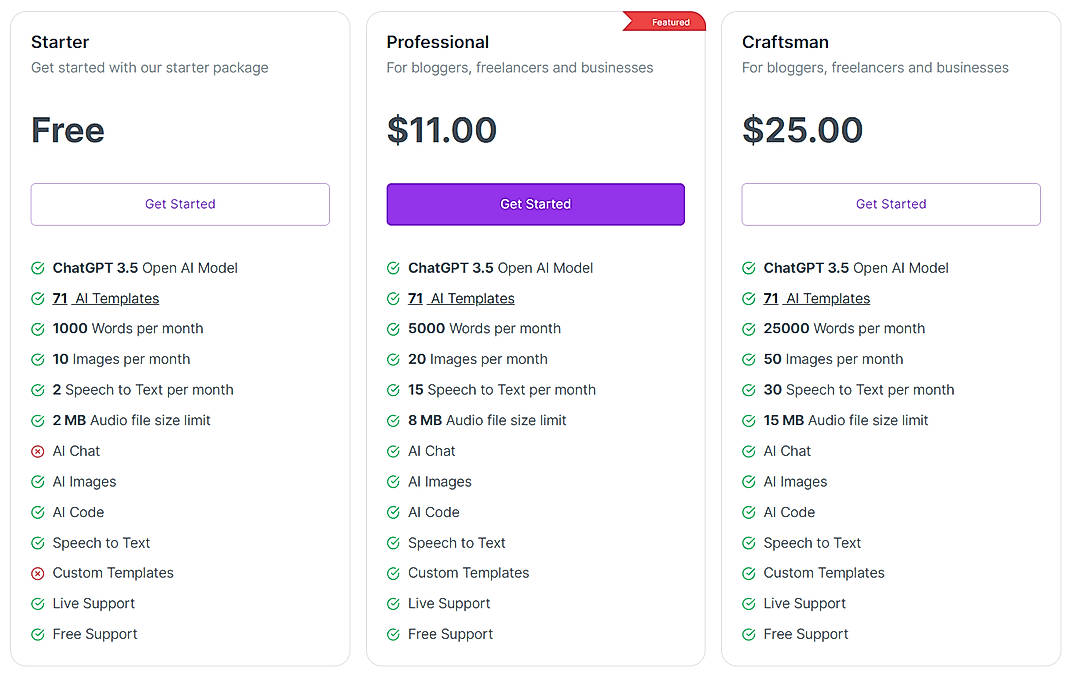 Pricing screenshot
