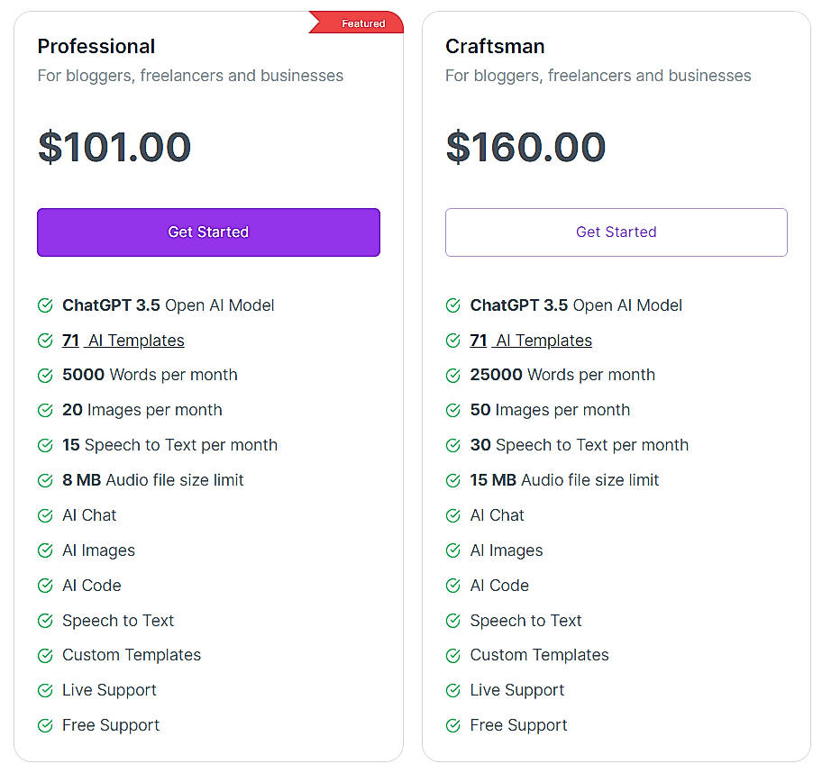 Pricing screenshot