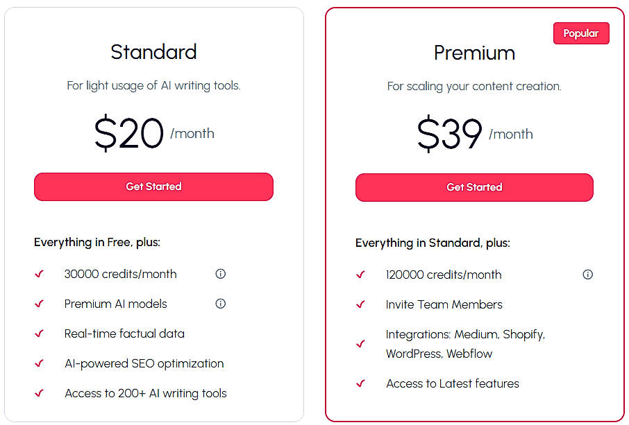 Pricing screenshot