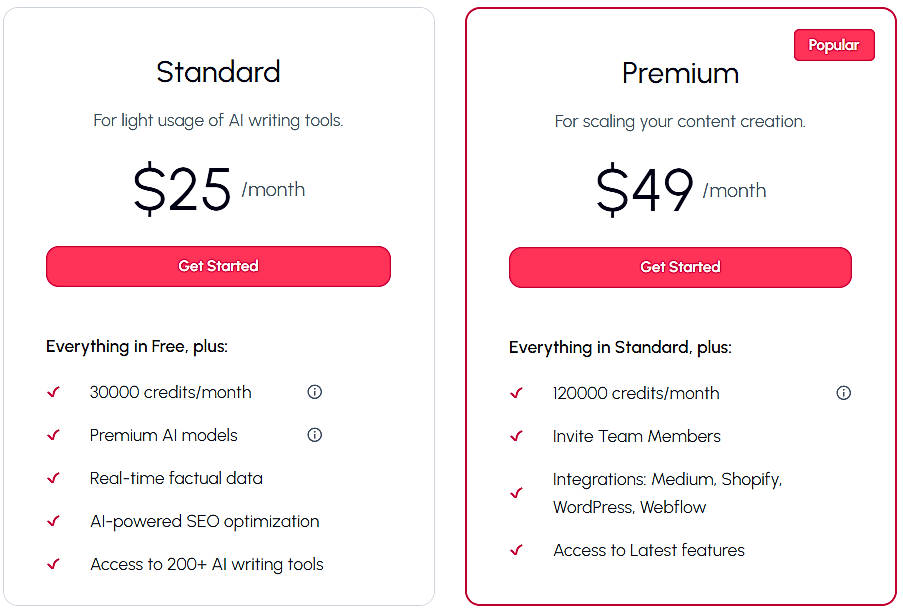 Pricing screenshot