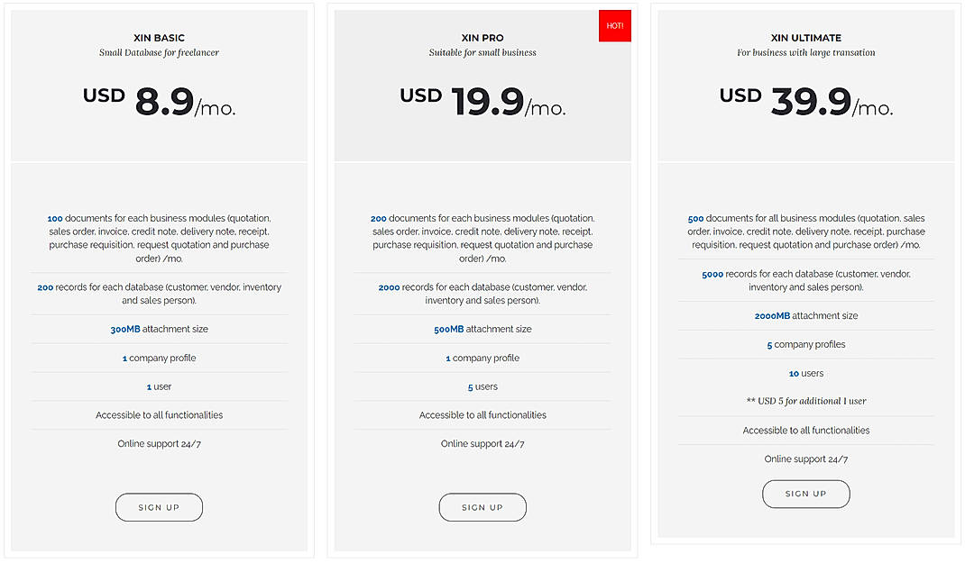 Pricing screenshot