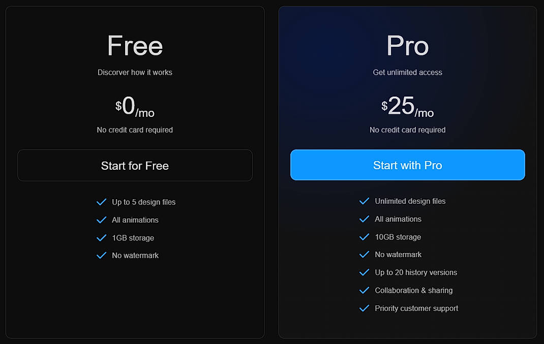 Pricing screenshot