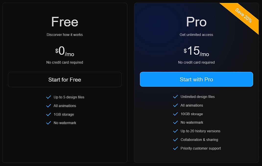 Pricing screenshot