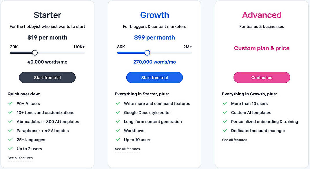 Pricing screenshot
