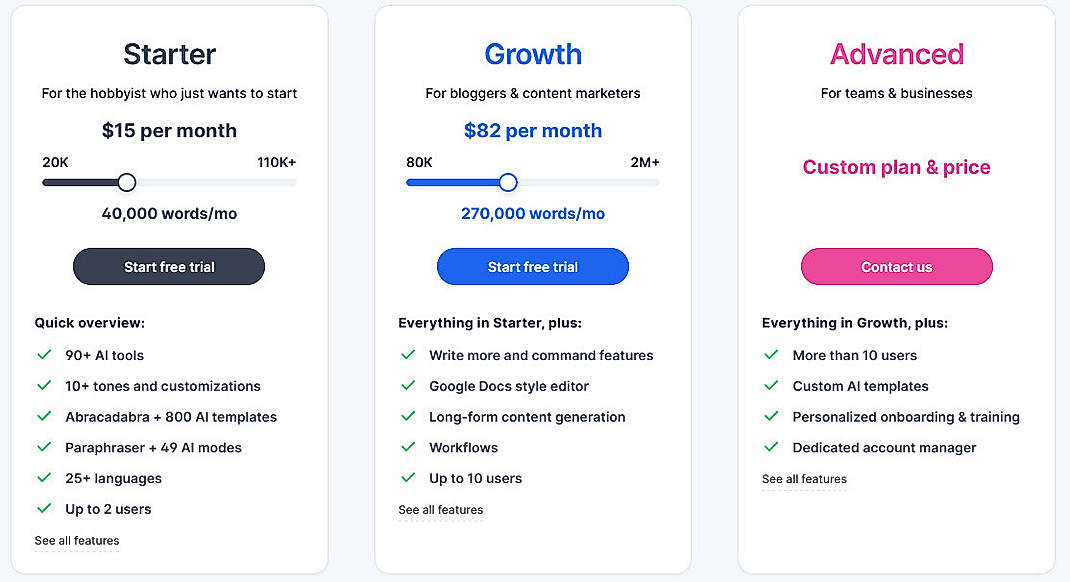 Pricing screenshot