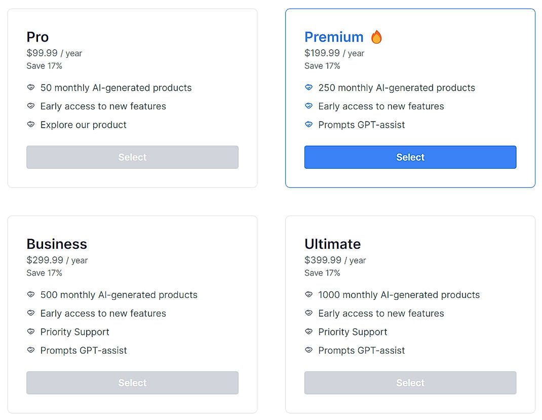 Pricing screenshot