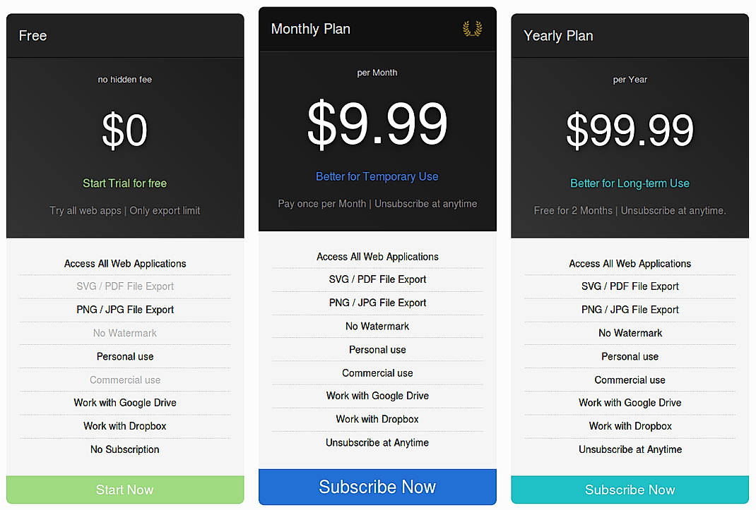 Pricing screenshot
