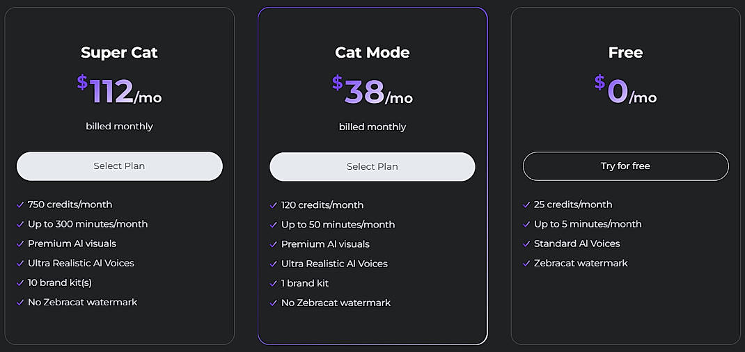 Pricing screenshot