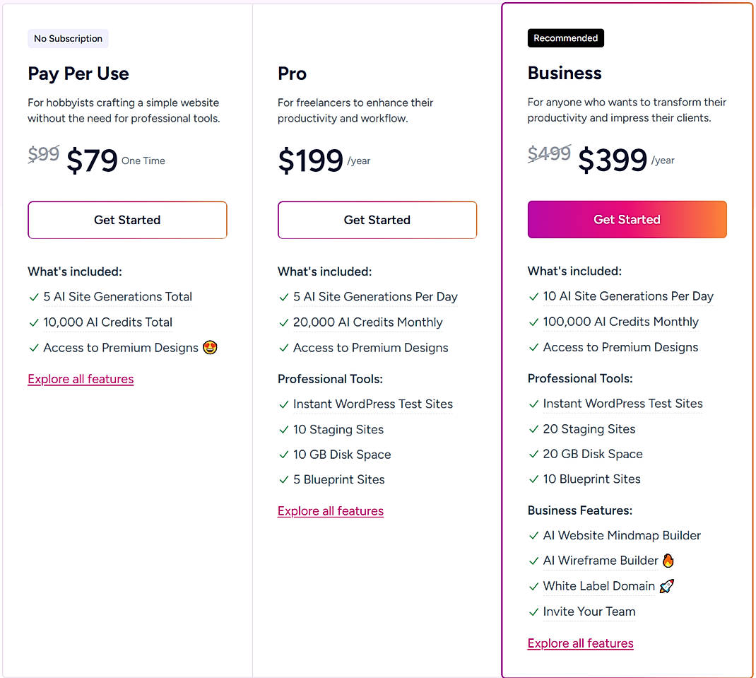Pricing screenshot