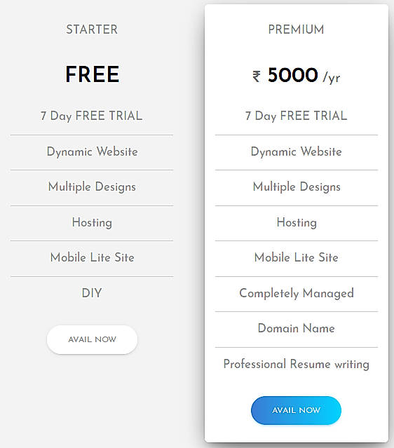 Pricing screenshot