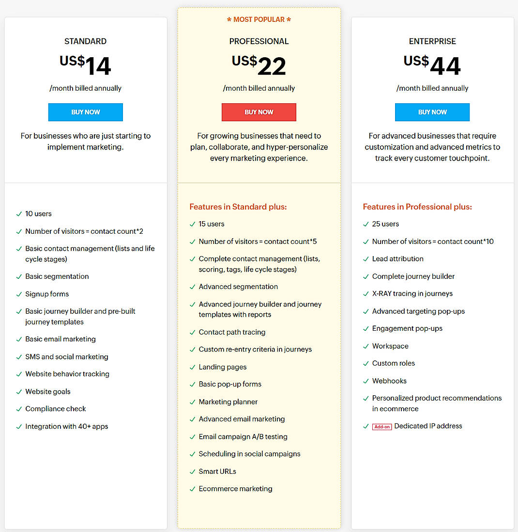 Pricing screenshot