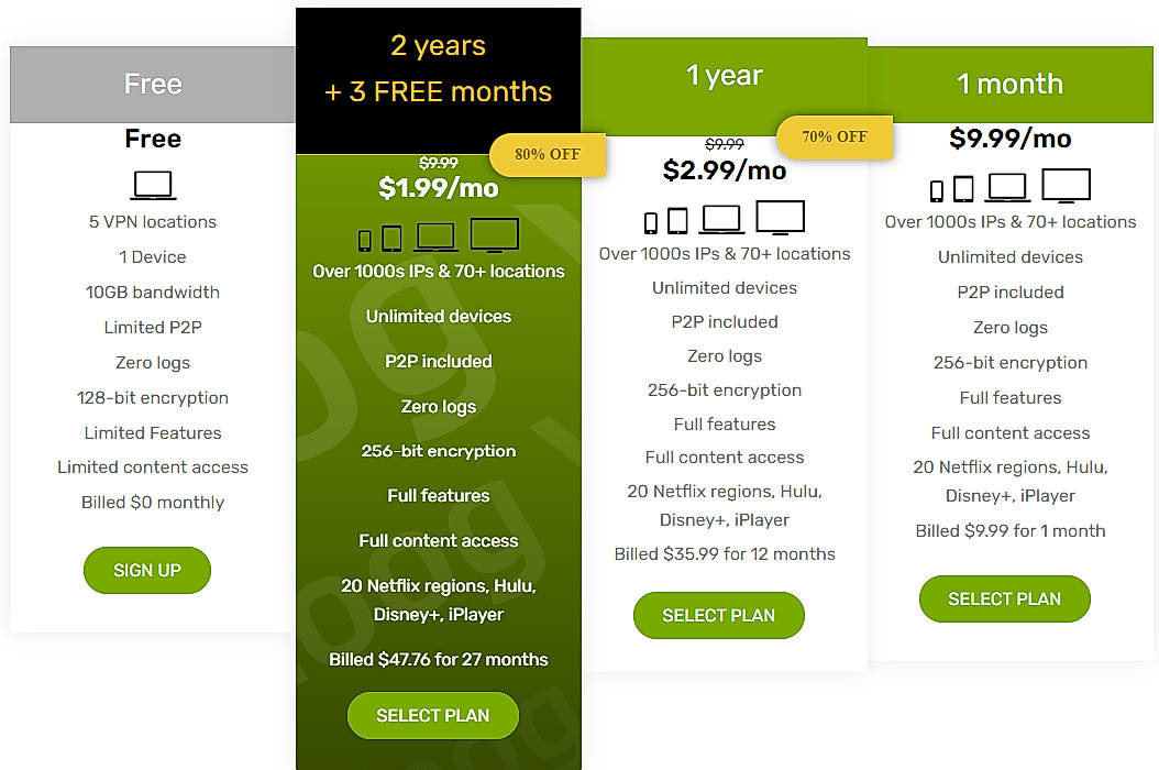 Pricing screenshot