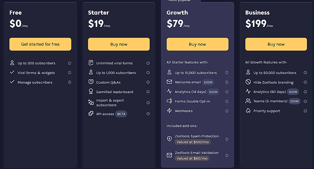 Pricing screenshot