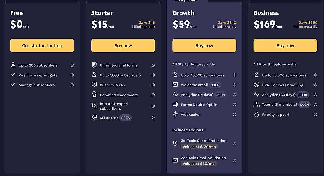 Pricing screenshot