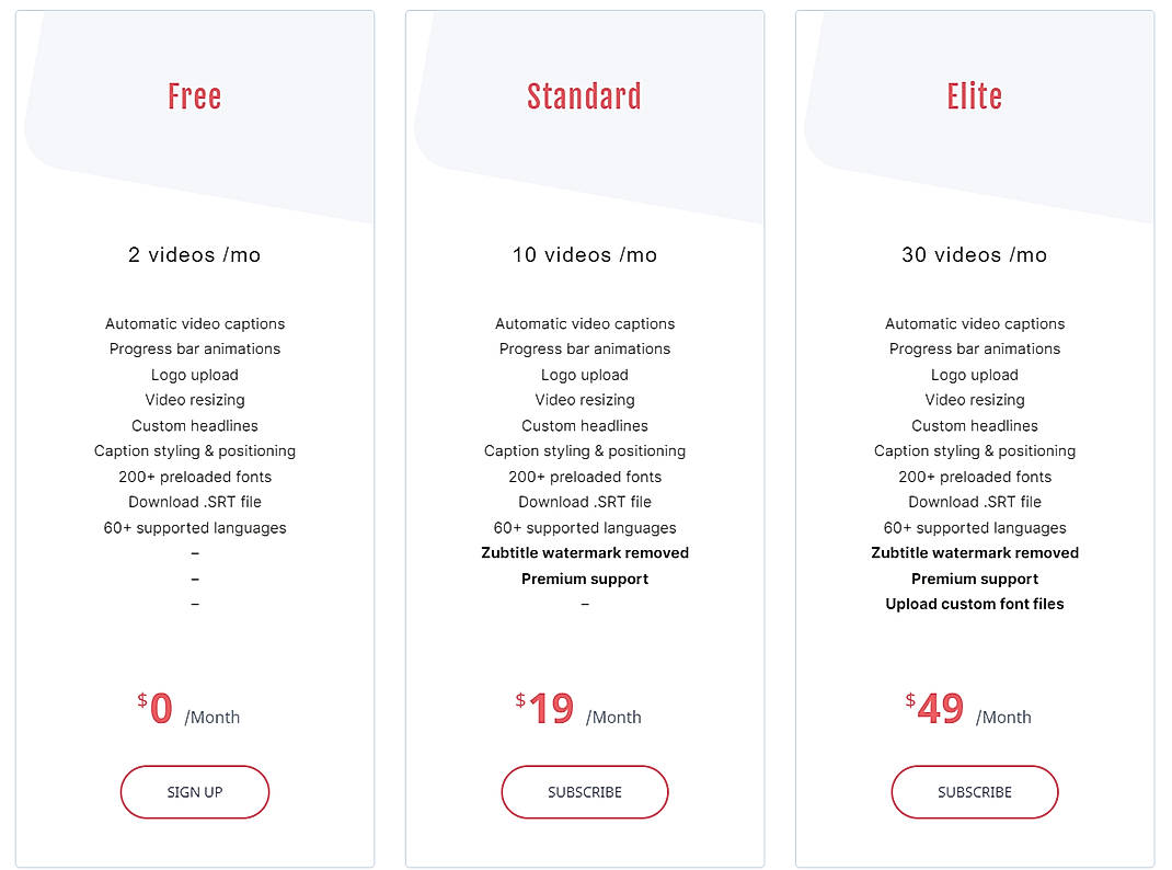 Pricing screenshot