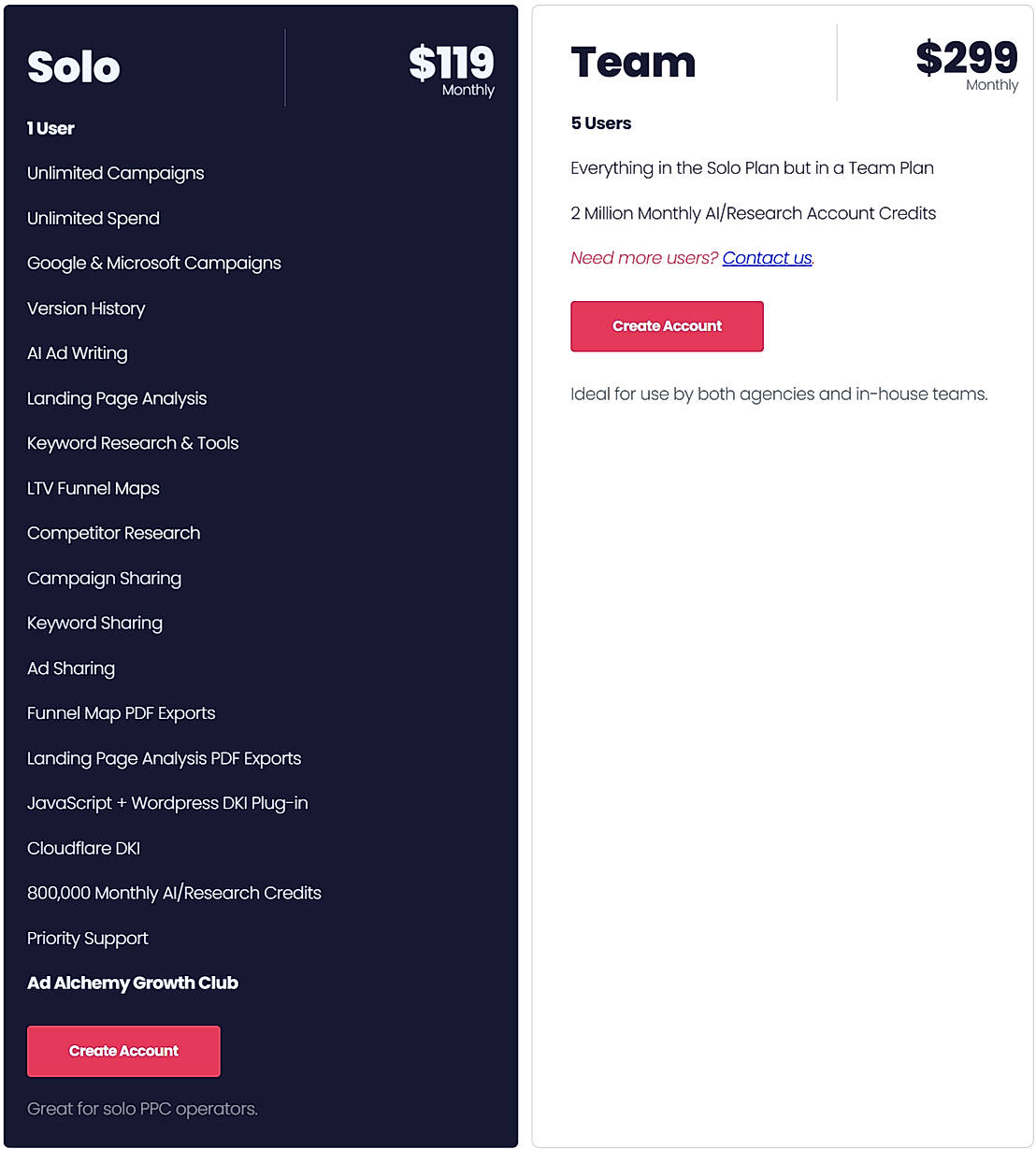 Pricing screenshot