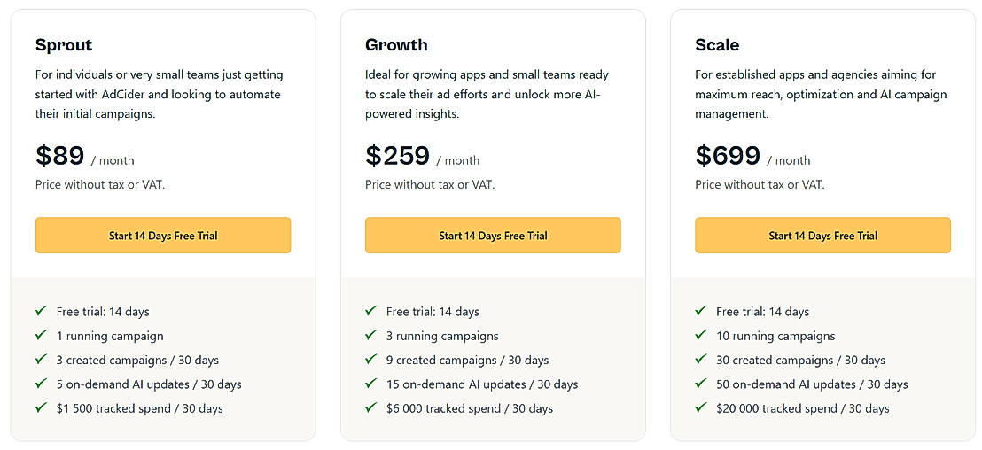 Pricing screenshot