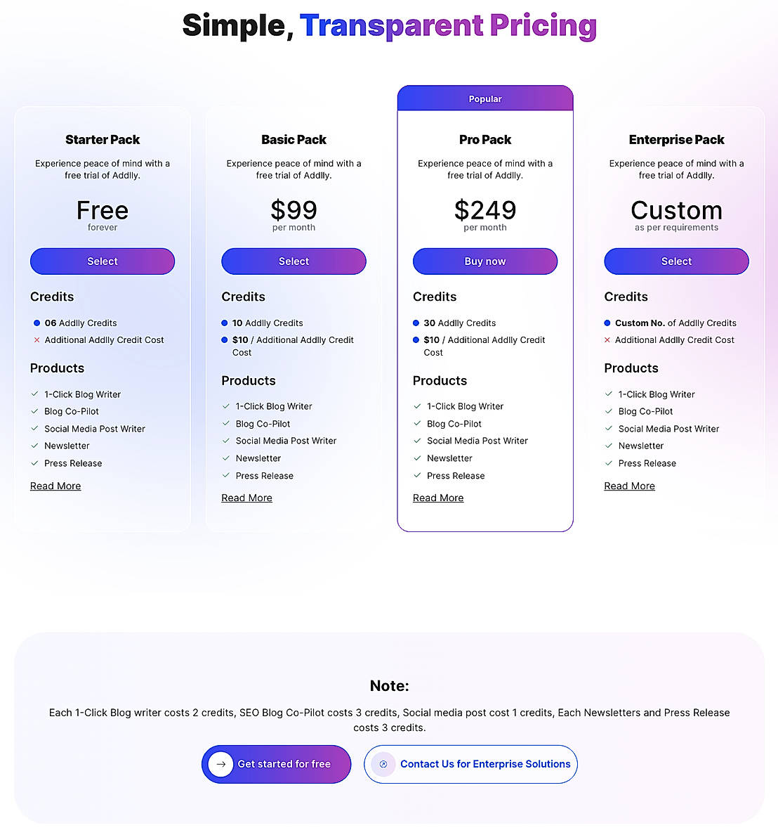 Pricing screenshot