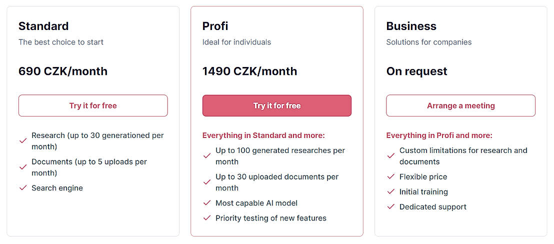 Pricing screenshot