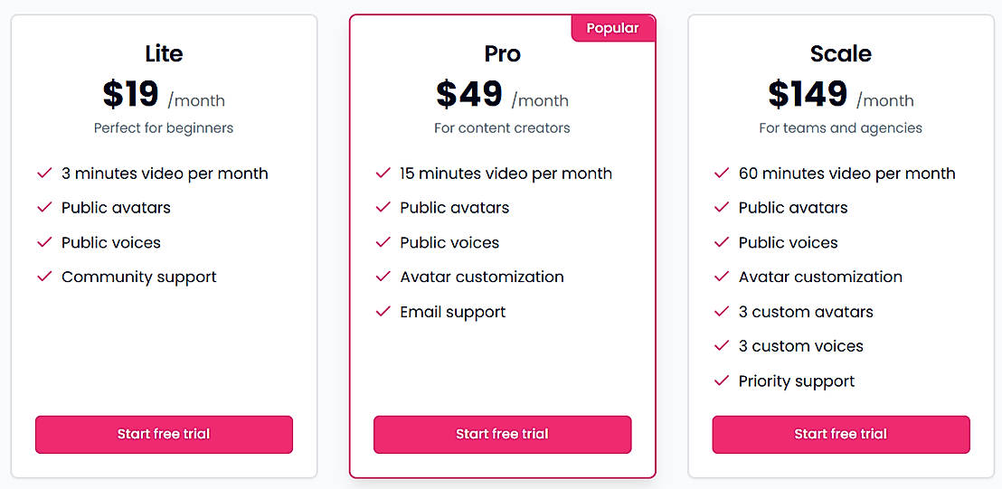 Pricing screenshot