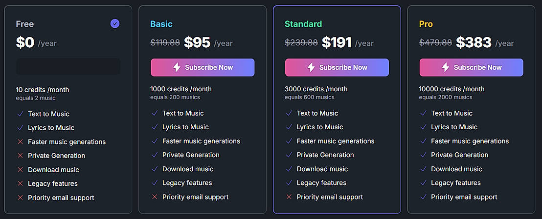 Pricing screenshot