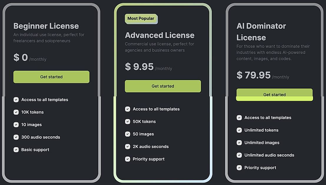 Pricing screenshot