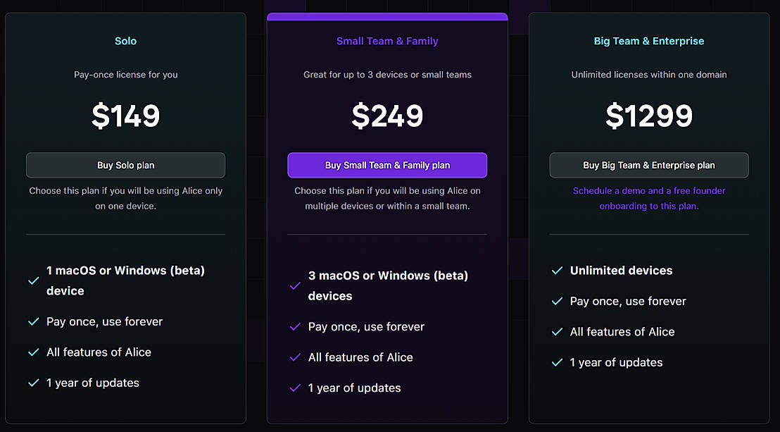 Pricing screenshot