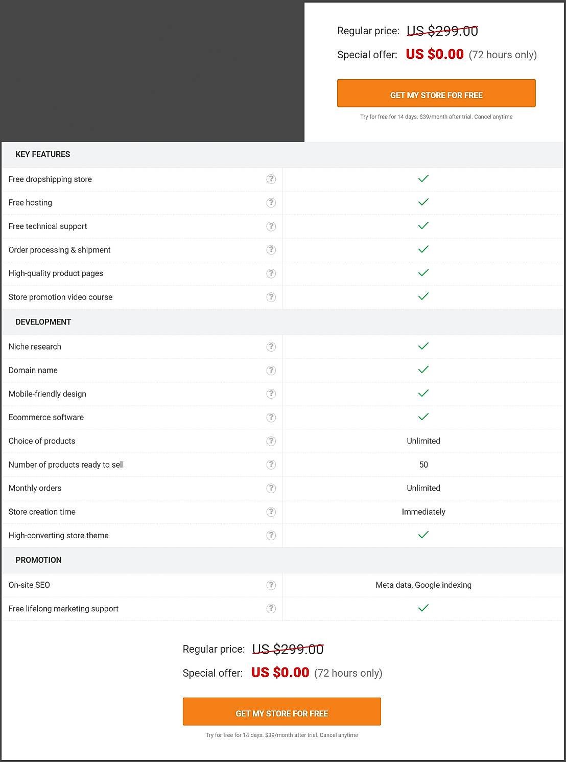 Pricing screenshot