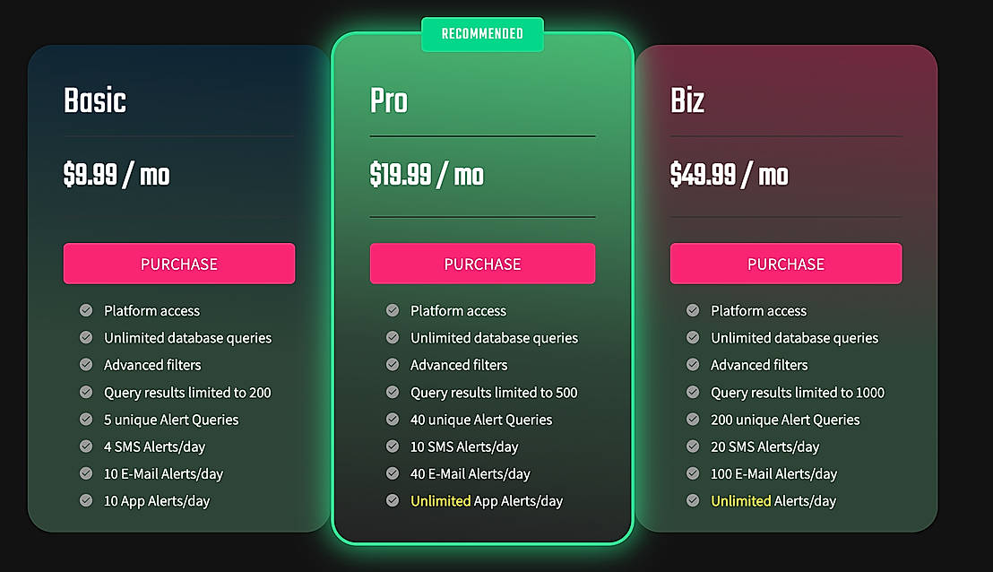 Pricing screenshot