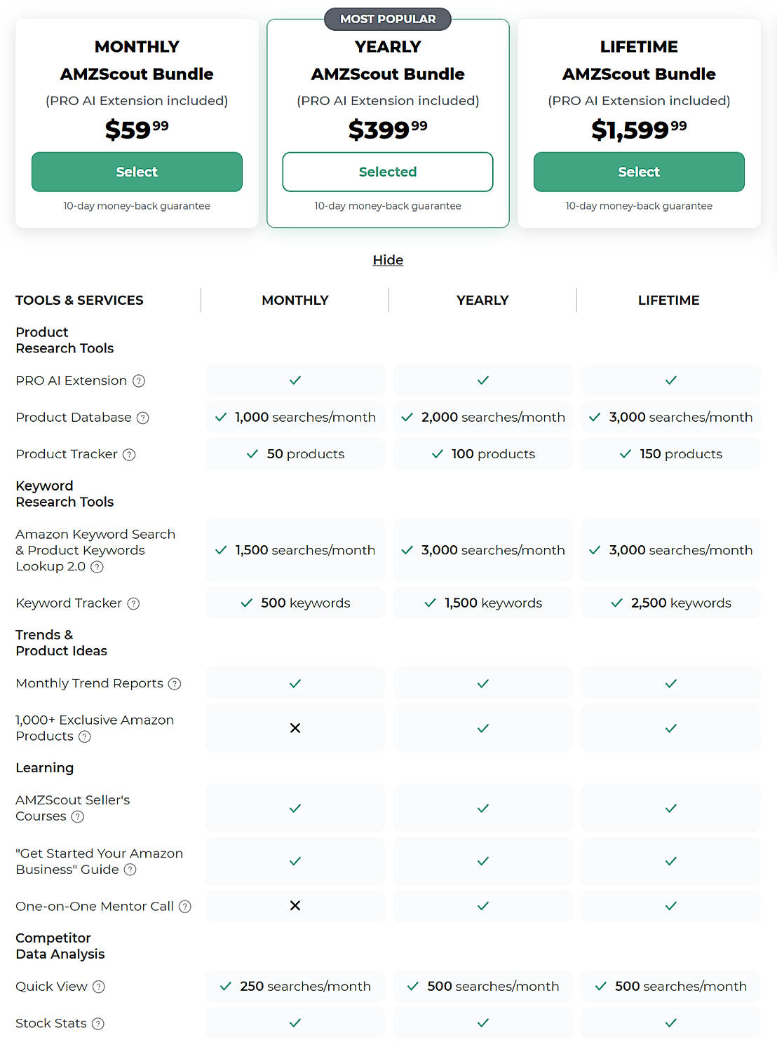Pricing screenshot