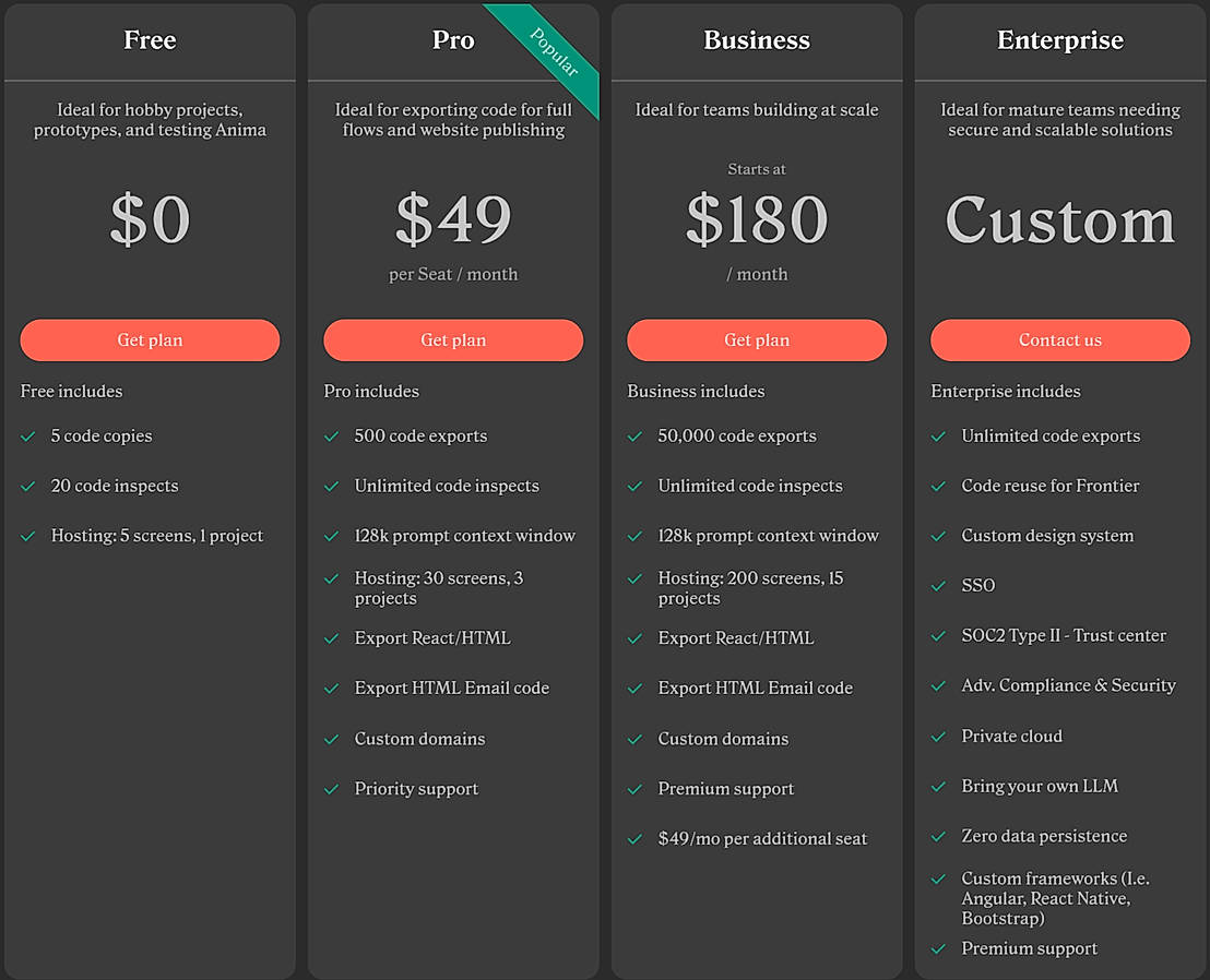 Pricing screenshot