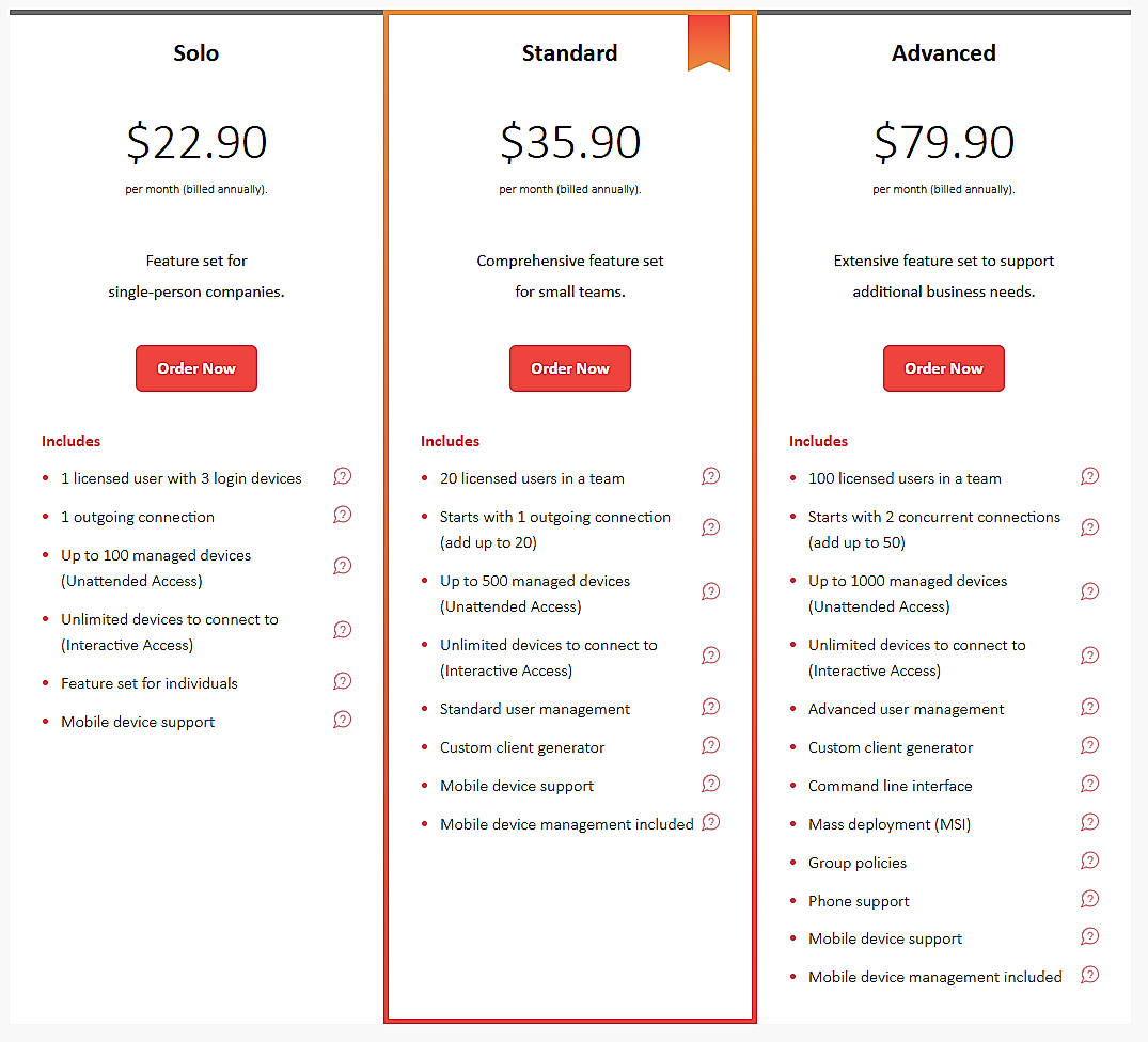Pricing screenshot