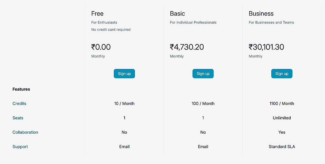 Pricing screenshot