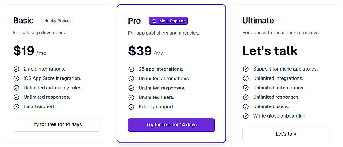 Pricing screenshot