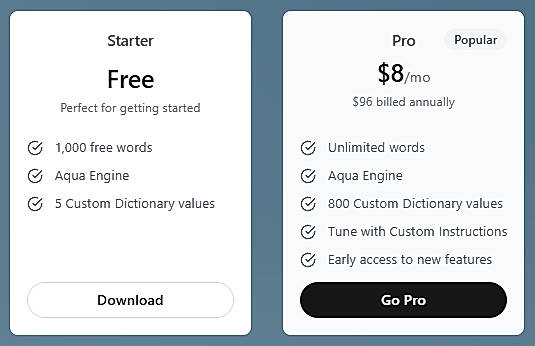 Pricing screenshot