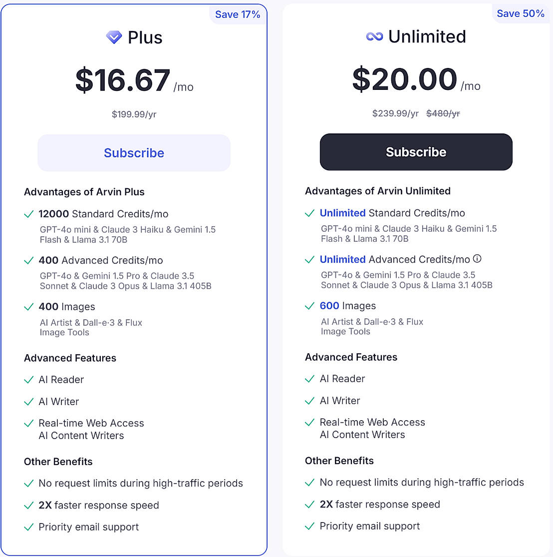 Pricing screenshot