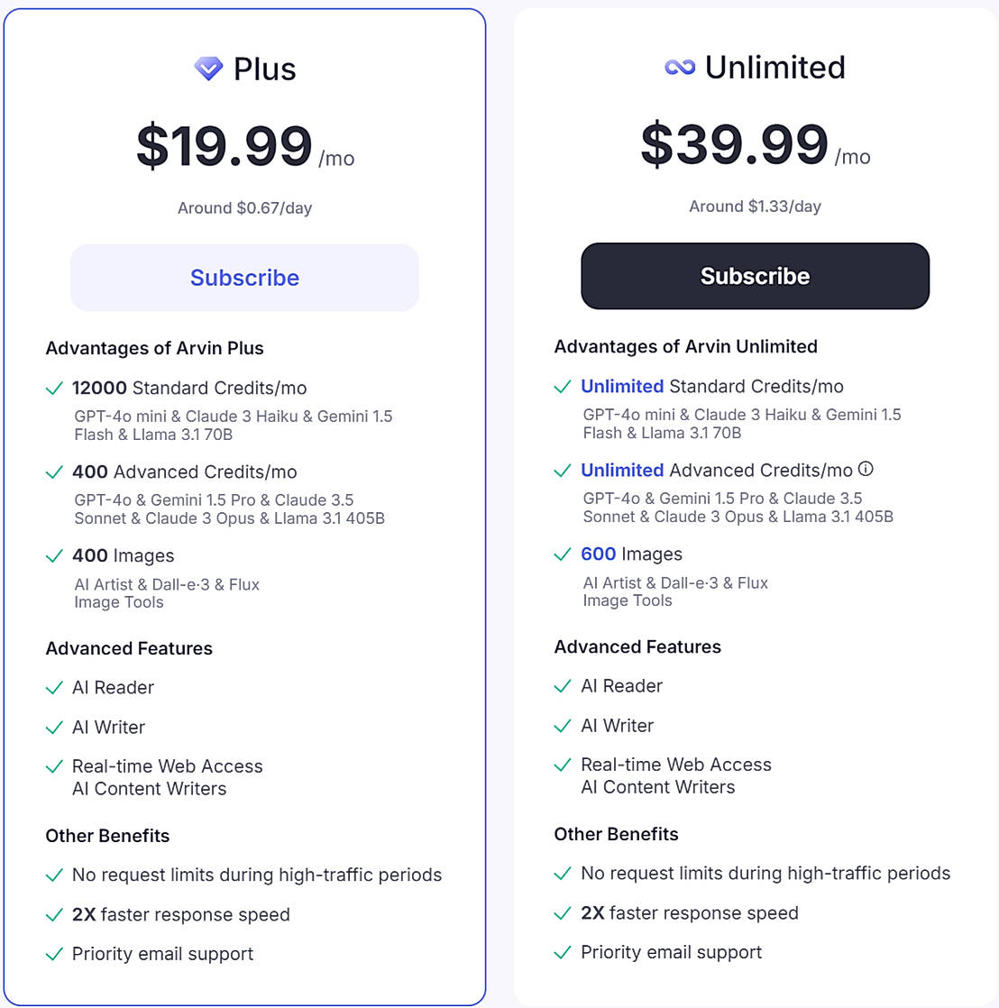 Pricing screenshot