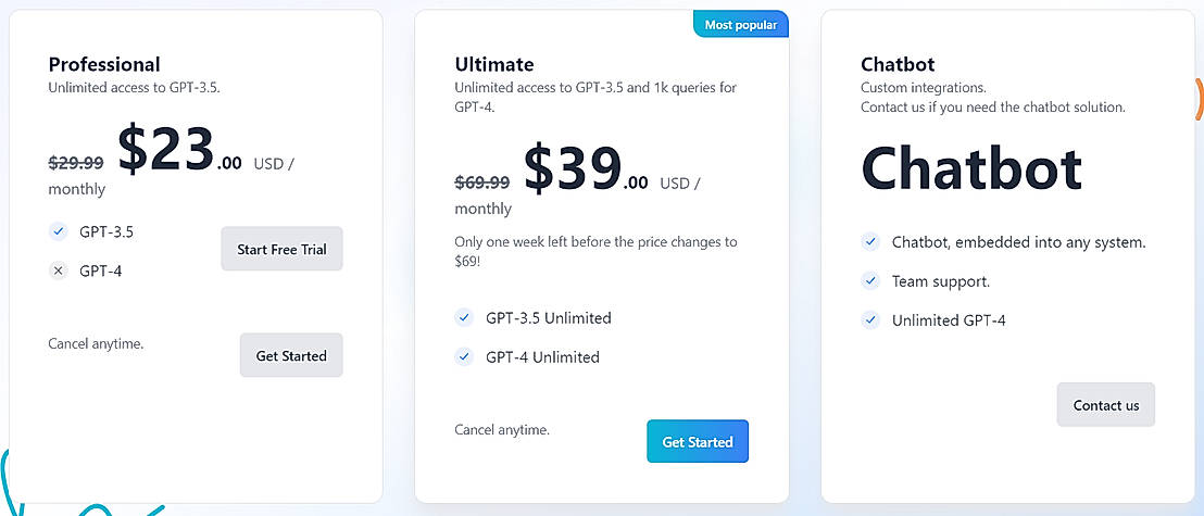 Pricing screenshot