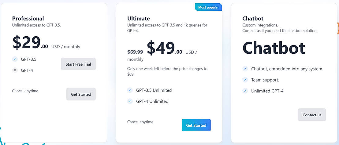 Pricing screenshot