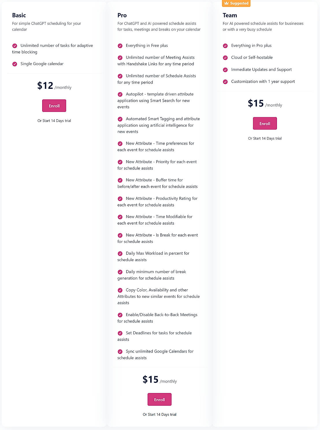 Pricing screenshot