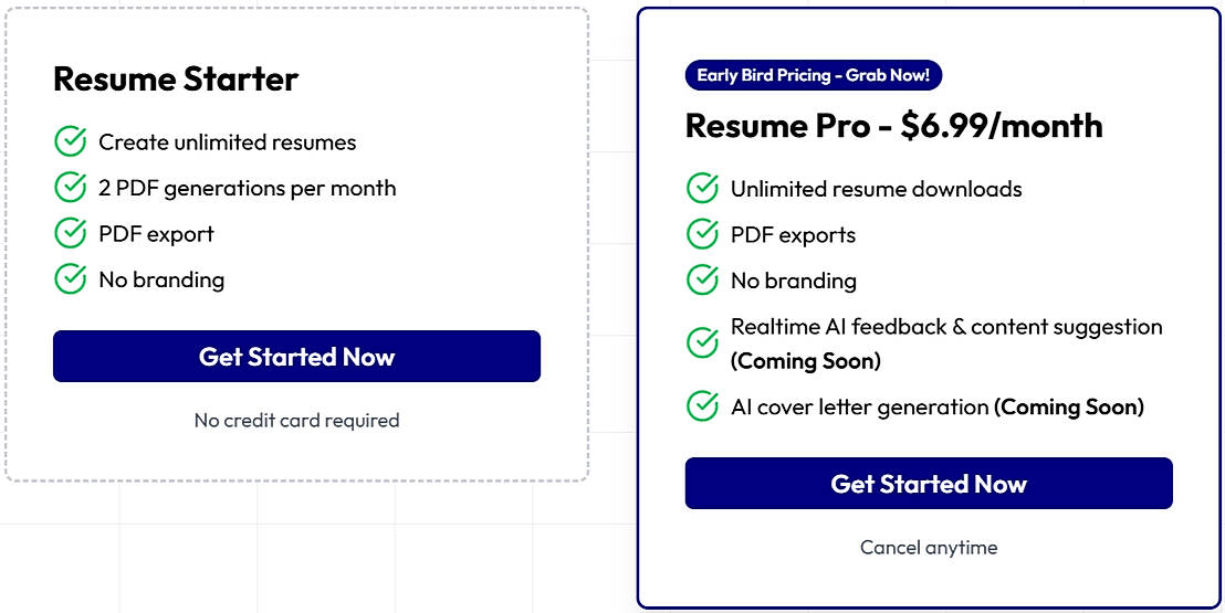 Pricing screenshot