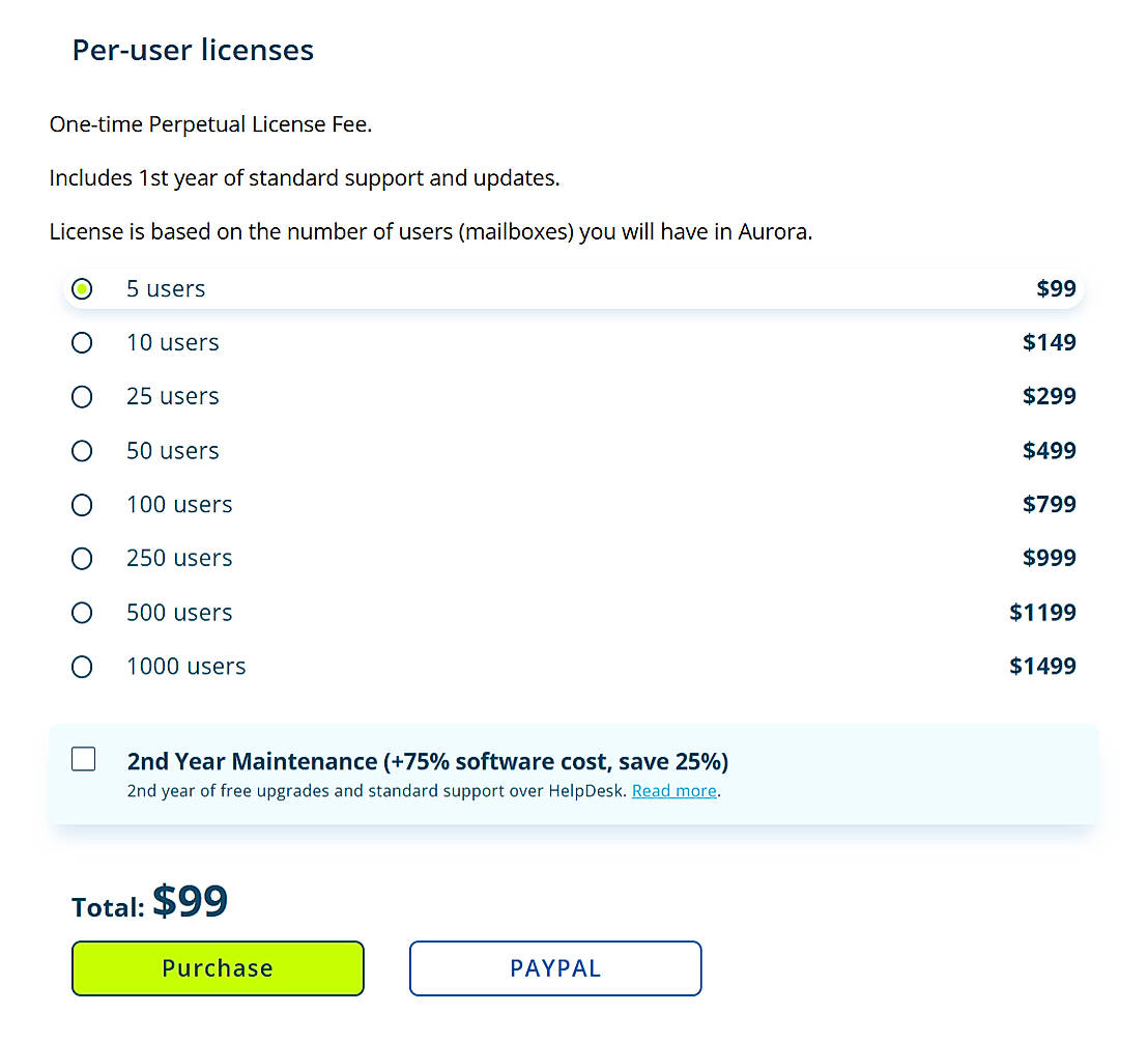 Pricing screenshot